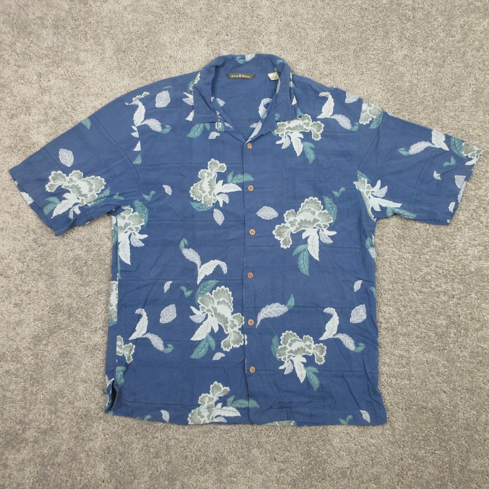 Tommy Bahama Shirt Mens Large Blue Floral‎ Hawaiian Aloha Camp Silk Button Up